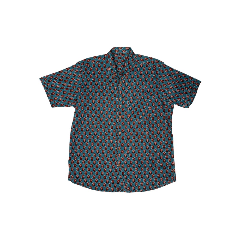 Mens Teal Blue Floral Block Print Short Sleeve Button Down Shirt Boho - Picture 1 of 7